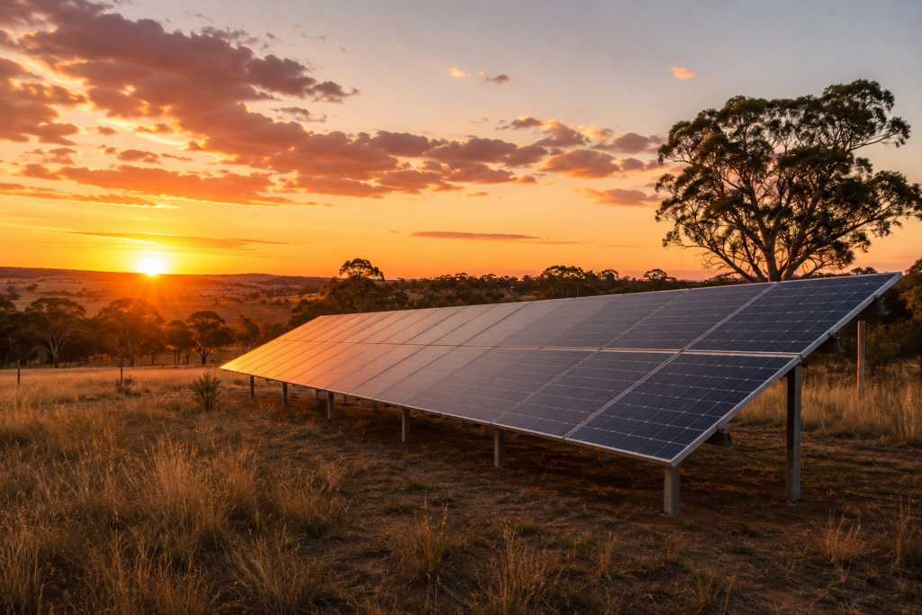 Solar panels at sunset at Kaiser Ridge eco stay